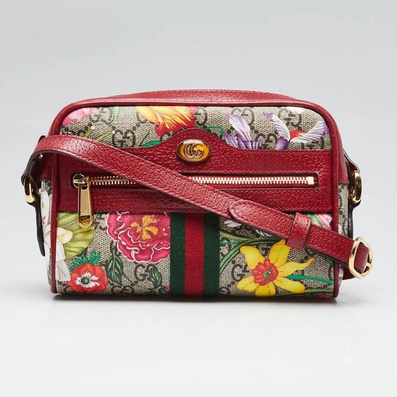 Gucci Red Leather GG Flora Coated Canvas Ophidia Mini Crossbody Bag - Picture 1 of 10